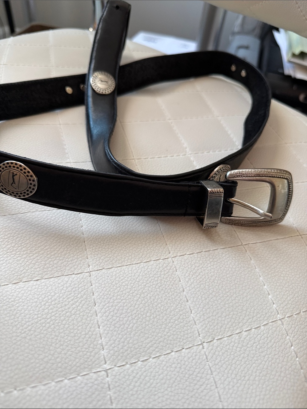 Black Leather Men's Belt golf silver details with Silver-Tone Buckle 48” long